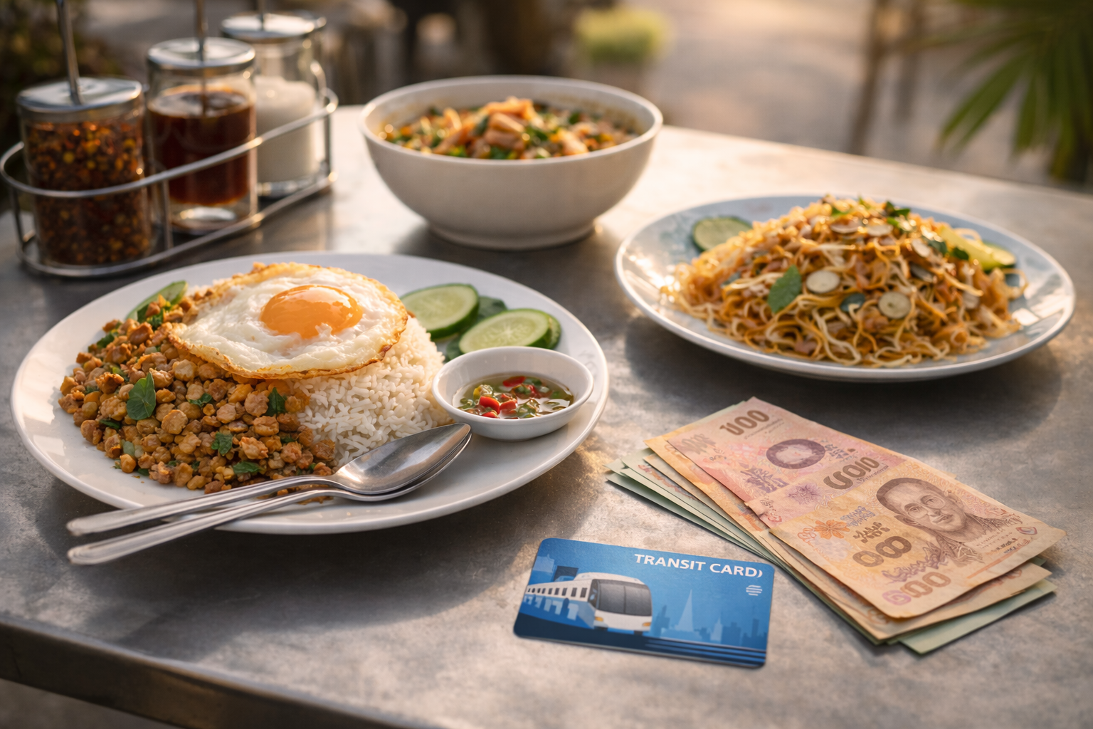 Thai baht, street food table, BTS card style transit token)